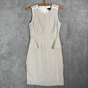 J.Crew Linen Peplum Sheath Dress Oatmeal Beige Flax Burlap Ivory Trim Size 4